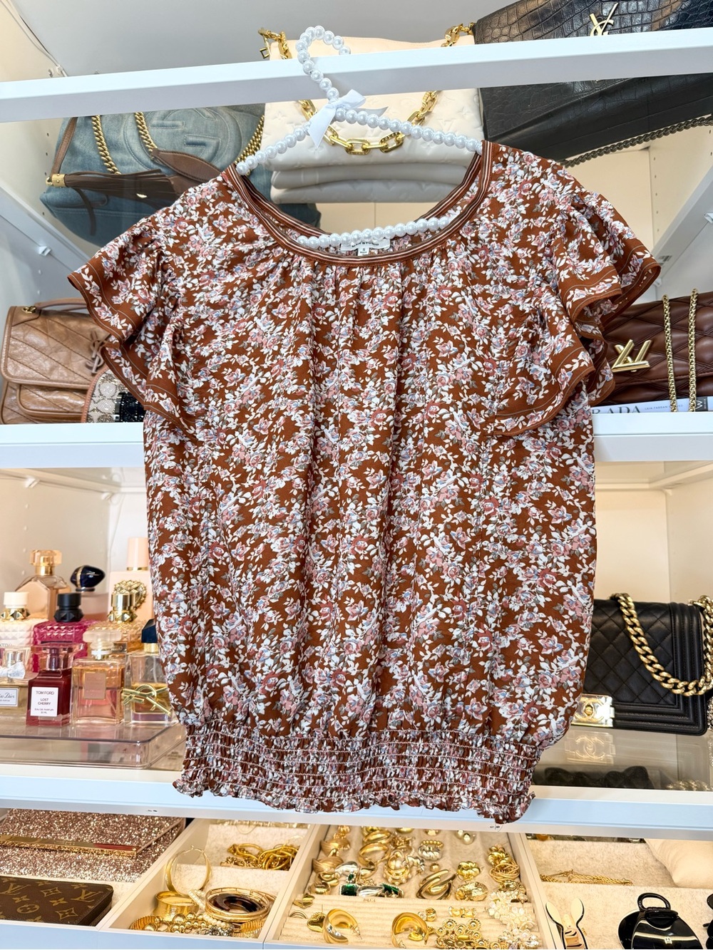 Max Studio Women's Brown Floral Short Flutter Sleeve Blouse Size s